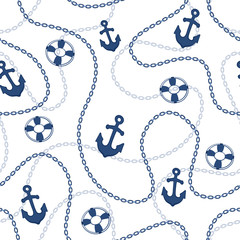 Marine seamless pattern. Anchors and chains background. Nautical cartoon background.
