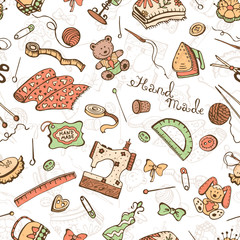 Hobby background. Crafting tools pattern. Handmade items seamless pattern.
