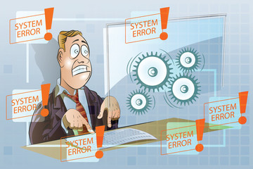 Vector stock illustration. Funny businessman working at a comput