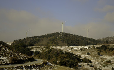 Italy, Liguria, Stella  (Savona) winter landscape with windmill blade