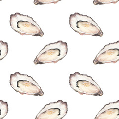 Oyster - seafood and marine cuisine. Seamless watercolor pattern