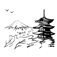 Fototapety  krajobraz z górą Fuji, drzewem sakura i ilustracją japońskiej pagody