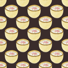 Plate of soup.  Seamless pattern with asian soup. Hand-drawn