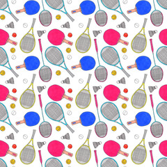 Racquets, balls and shuttlecocks. Seamless watercolor pattern