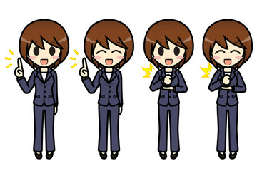 シンプルキャラクター　会話・表情イラスト集　ビジネス女性（パンツスタイル）　要点・納得