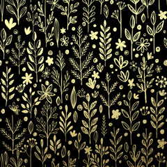 Seamless pattern with gold leaf and grass. Vector illustration