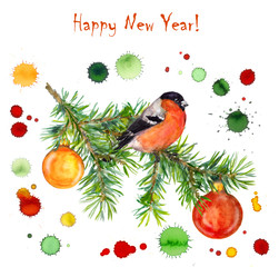 Christmas card with watercolor drops, bird on spruce snow tree