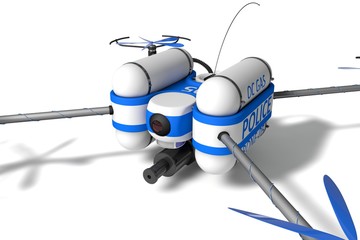 Police drone. armed with pepper spray. close view.