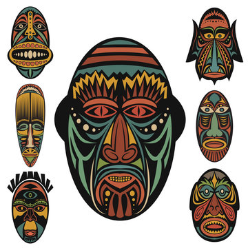 Set of African Ethnic Tribal masks on white background. . Flat icons. Ritual symbols