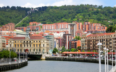 City landscape with a Nevion River, Bridge and promenade, Bilbao, Spain.
