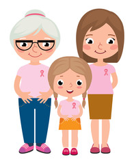 Three generations of women wearing pink shirt and ribbons for breast cancer