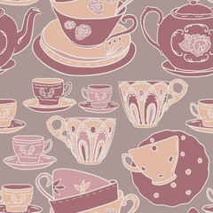 Vector seamless pattern with teapots, teacups, spoon. Retro tea background in vivid colors.