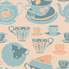 Vector seamless pattern with teapots, teacups, spoon. Retro tea background in vivid colors.