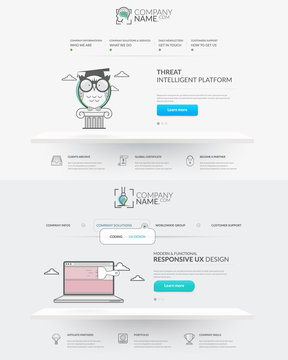 Web site design template navigation elements: Set of two front pages of website with personal company concept logo and icons