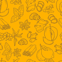 Seamless vector pattern with spices, berries and fruits for autumn beverages. Vector hand drawn illustration.