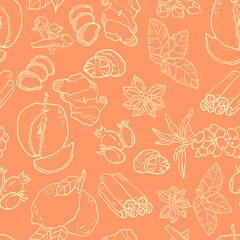 Seamless vector pattern with spices, berries and fruits for autumn beverages. Vector hand drawn illustration.