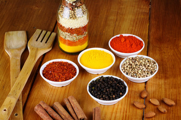 variety of spices at wood background 