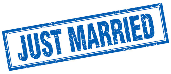 just married blue square grunge stamp on white