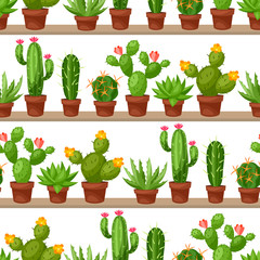 Fototapeta na wymiar Seamless pattern of abstract cactuses in flower pot on shelves