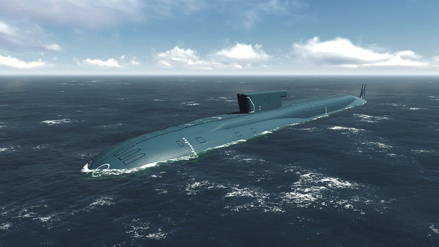 Floating russian nuclear submarine at sea. Realistic 3D illustration was done from my own 3D rendering file.