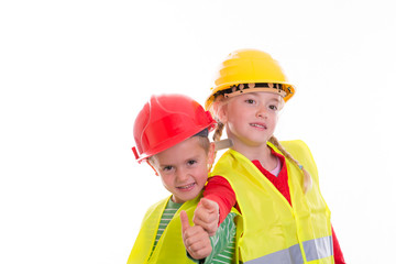 boy and girl with reflective vest and helmet