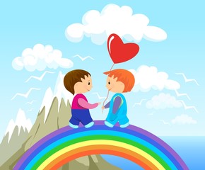 boy gives heart-formed balloon to another boy