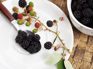 Closeup of blackberries in a spoon with a branch of berries, rustic still life on wattled surface
