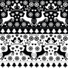 Christmas seamless monochrome pattern with reindeer - folk style
 