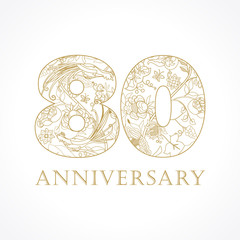 80 anniversary vintage numbers. The template logo 80th birthday in ethnic patterns and the birds of paradise.