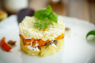 layered salad with mushrooms and vegetables