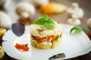 layered salad with mushrooms and vegetables