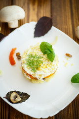 layered salad with mushrooms and vegetables