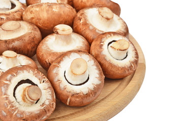 Champignon (True mushroom) on wooden board, isolated on white background
