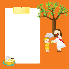 Fototapeta premium A template with a orange background, A child is giving his lunch to Jesus.