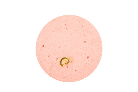 ham sausage or rolled bologna slices isolated on white backgroun