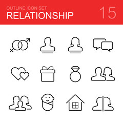 Relationship vector outline icon set - sex, man, woman, conversation, love, gift, wedding ring, couple, family, child, home, divorce