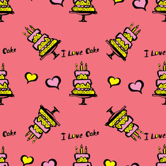 Cake and hearts seamless pattern