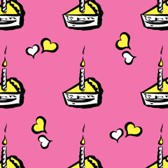 Piece of cake with candles and hearts seamless pattern