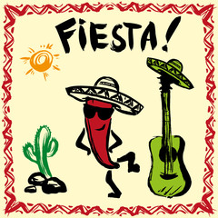 Mexican Fiesta Party Invitation with maracas, sombrero and guita