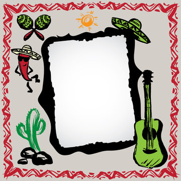 mexican fiesta frame with sombrero's, cactus, chili's and guitar