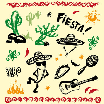 Hand drawn set of mexican symbols