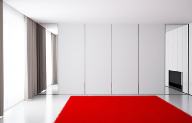 3d interior of an empty room in bright colors, in which there are curtains, mirror and carpet.