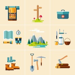 Camping Equipment Icons. Flat Design.