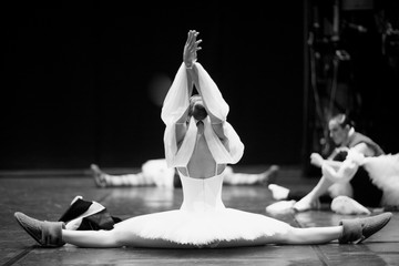 Back view of a graceful ballerina sitting in split