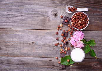 Fresh hazelnut, milk and dark chocolate on wooden background