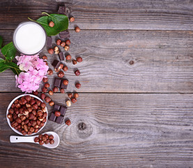 Obraz na płótnie Canvas Fresh hazelnut, milk and dark chocolate on wooden table