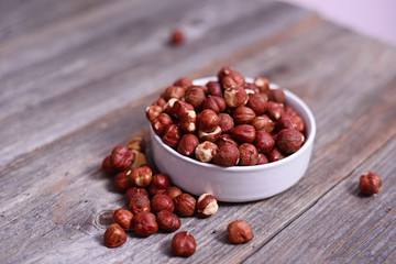 Hazelnuts on wooden table