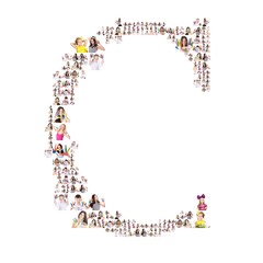 collage of portraits of people in the forming of the alphabet. letter C. Isolated on the white background