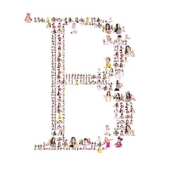 collage of portraits of people in the forming of the alphabet. letter B. Isolater on the white background