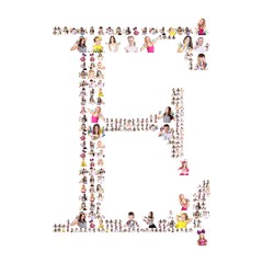 collage of portraits of people in the forming of the alphabet.Capital letter E. Isolated on the white background